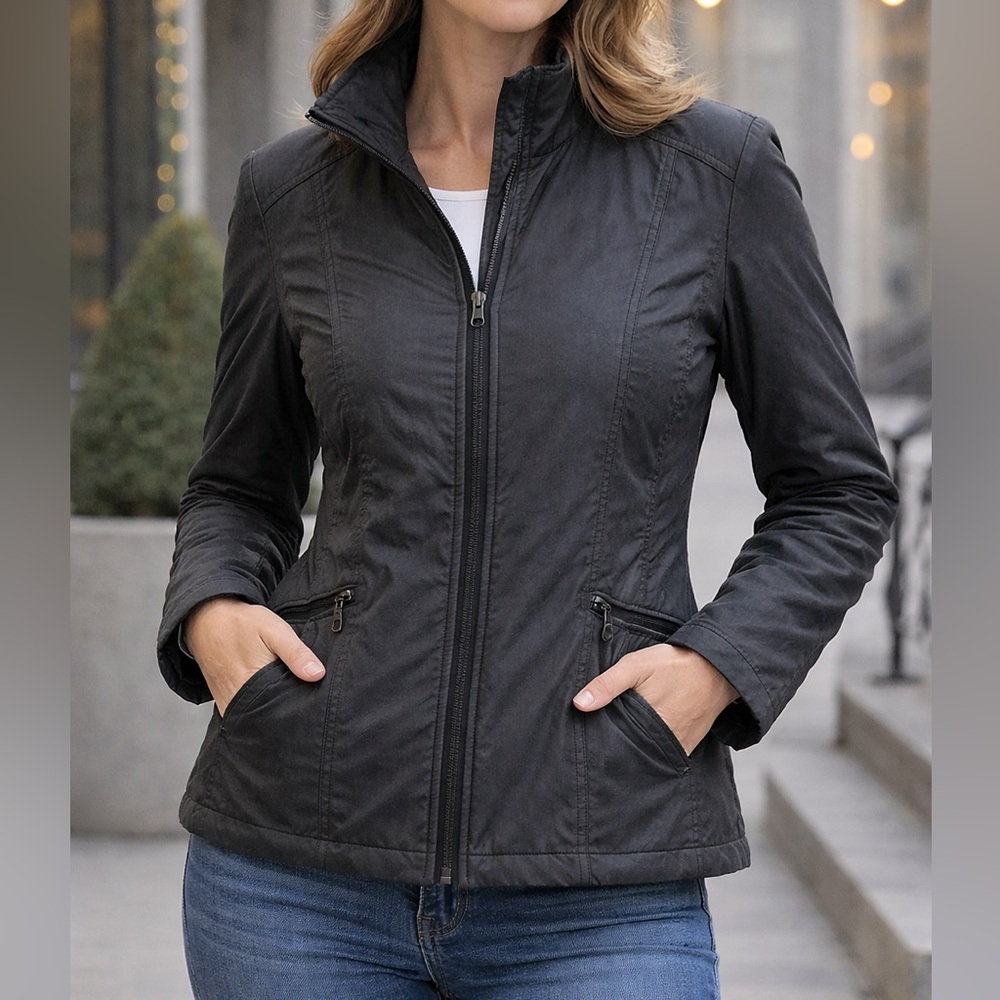Giacca Women’s Medium Black Lightweight Jacket Zip Front Shoulder Pads
